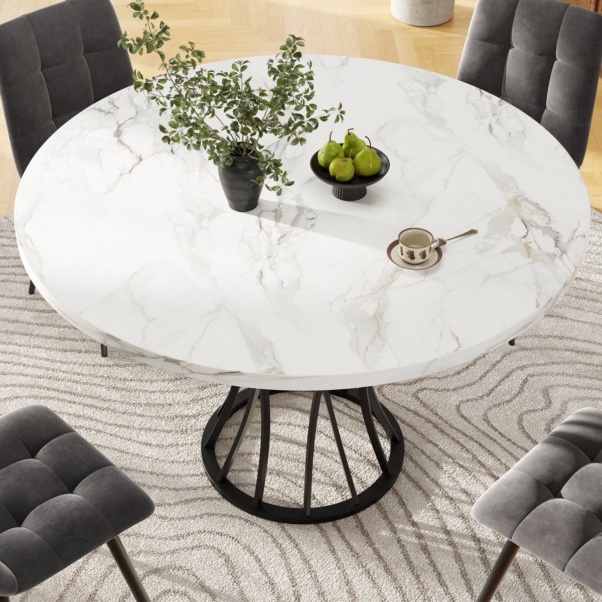 Ronde eettafel 80 x 80 x 76 cm - voor eetkamer en woonkamer - marmeren tafelblad - zwarte tafelpoten