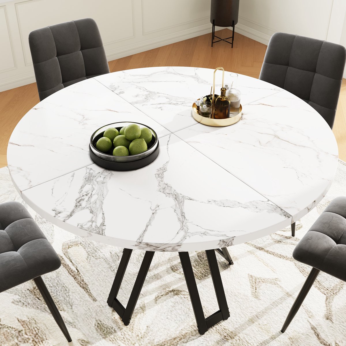 Ronde eettafel 100 x 100 x 76 cm - voor eetkamer en woonkamer - zwarte tafelpoten - tafelblad met marmerpatroon