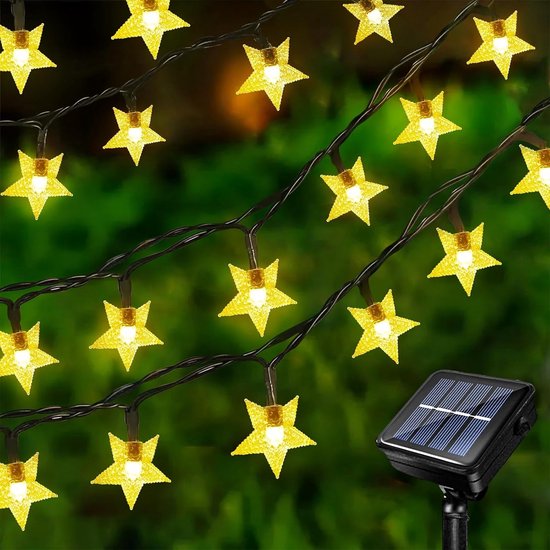 Solar lichtsnoer 15m op zonne energie, 15 warm witte LED lampen, solar lichtslinger buiten, IP65 waterdicht, automatisch aan bij