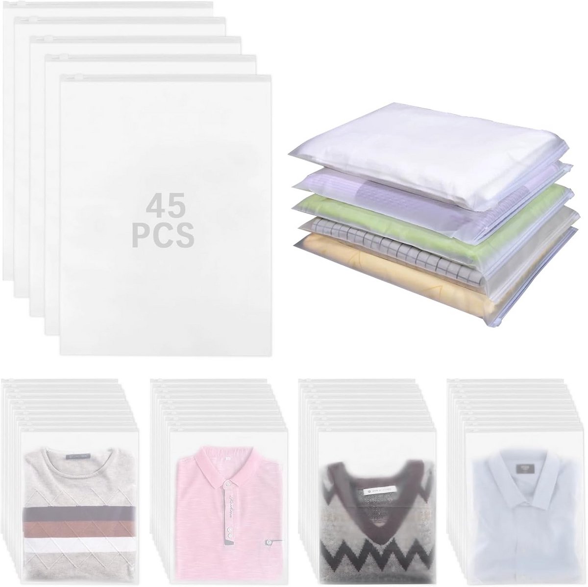 45 Stuks Transparante Reisopbergzakken met Zip – Waterdicht & Hersluitbaar voor Kleding, Schoenen en Cosmetica