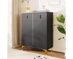 REDOM Dressoir 83L x101 H x 35B(cm) van spaanplaat, met structuurpanelen en vergulde accenten