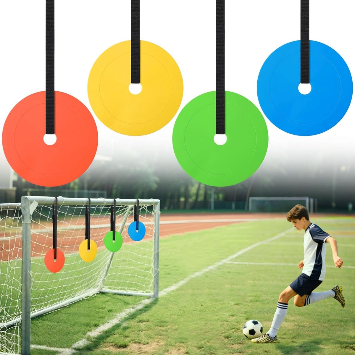 Vier voetbaldoeldoelen - Trainer voor de nauwkeurigheid van het voetbalschieten - met verstelbare verlengstang - voor goalballtraining - verbetert de behendigheid en snelheid bij lacrosse, honkbal en voetbal.