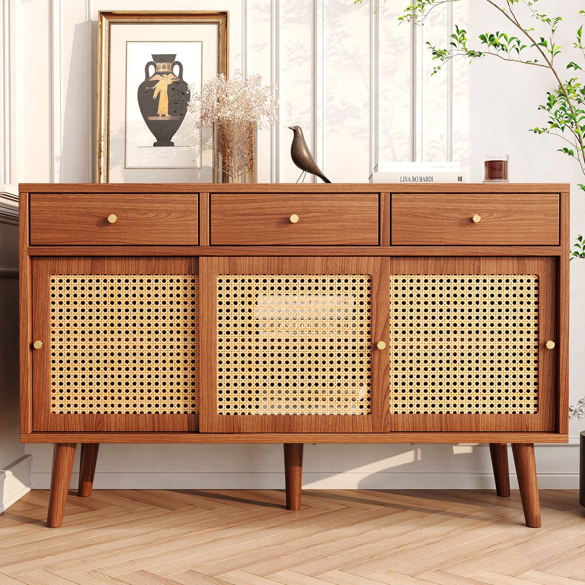 Wishdor Dressoir - TV-Meubel met Rotan Schuifdeuren - 3 Lades - 5 Massieve Poten - Vintage