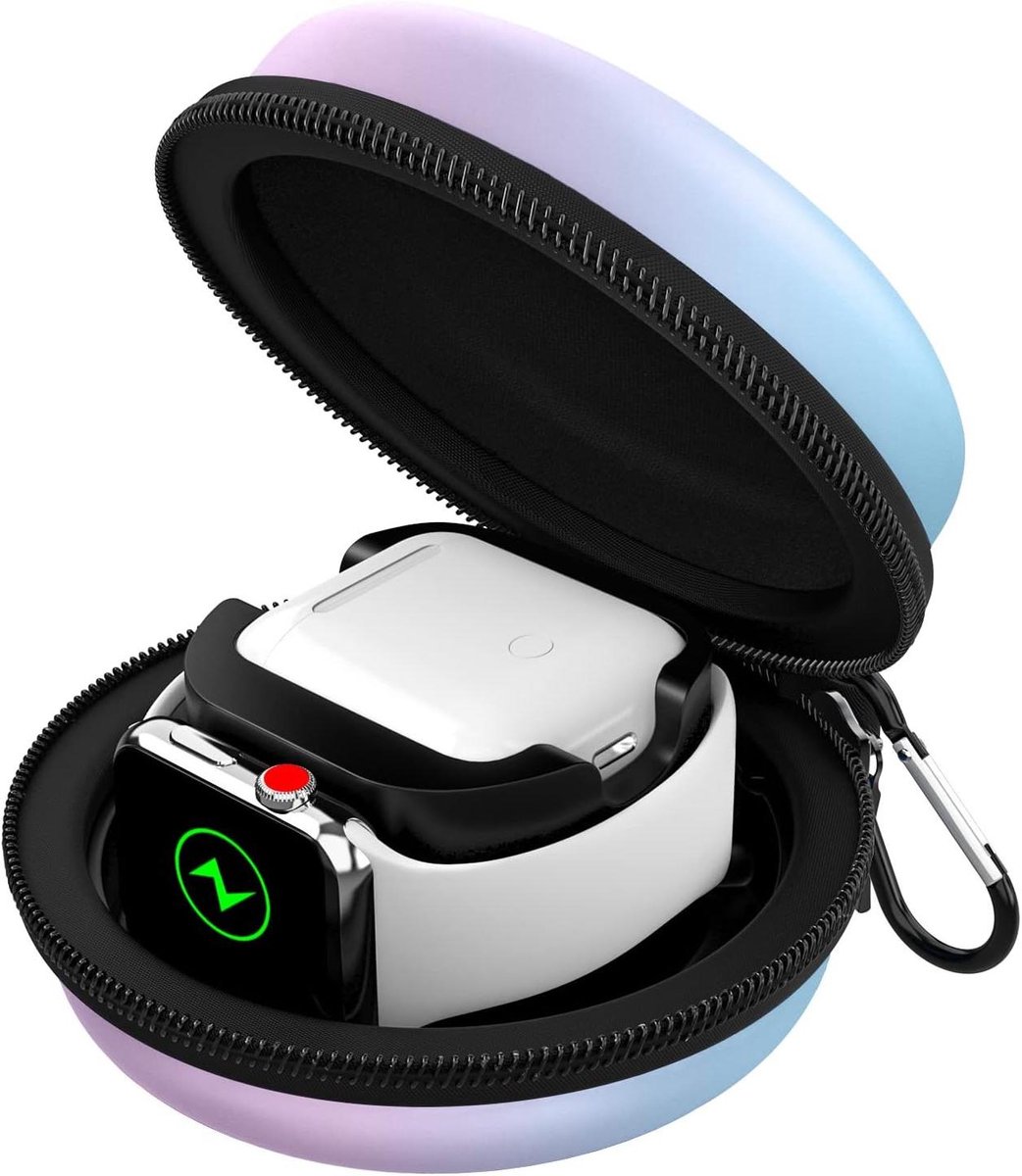 Reis Etui voor Smartwatch en Airpods Oplader - Draagbare Beschermende Opbergzak voor Apple Watch Series - Blauw Paars Verloop