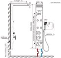 Technische tekening van zwart douchepaneel met afmetingen in mm en inches.