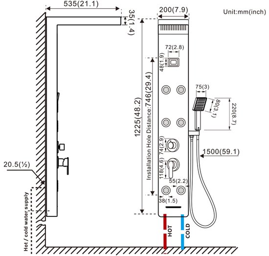 Technische tekening van zwart douchepaneel met afmetingen in mm en inches.