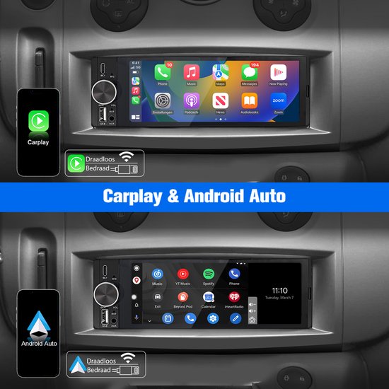 Hexinex 1DIN Autoradio - 6.28 inch scherm - met Draadloze Carplay & Android Auto - BT 5.2 - USB/USB-C + Achteruitrijcamera
