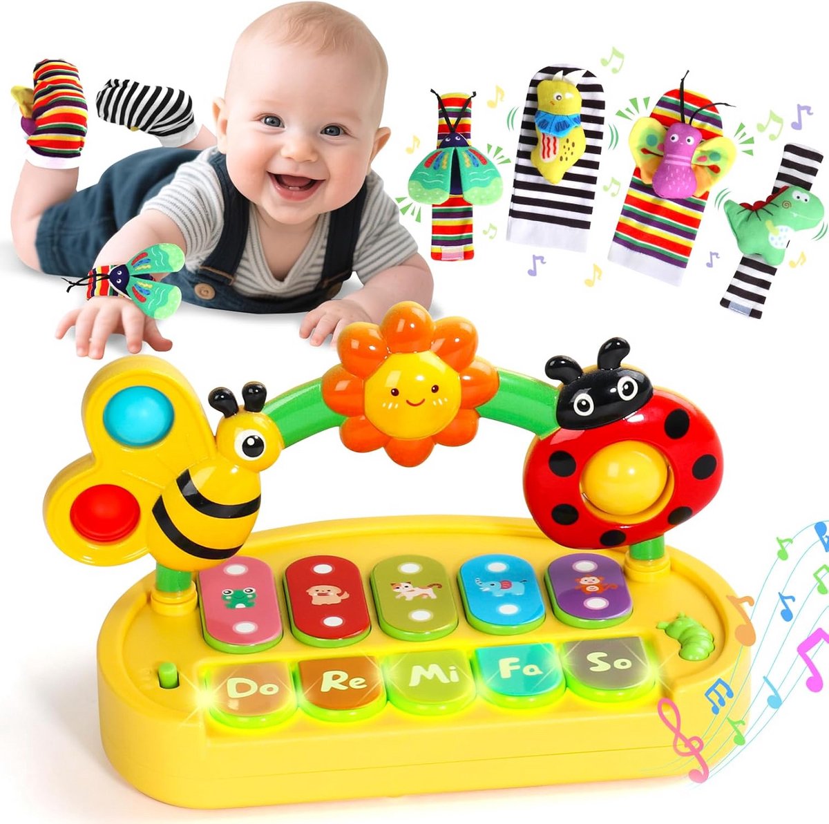 Muziek en sensorisch speelgoed voor baby's vanaf 6 maanden: Rammelaars, polsbandjes en sokjes