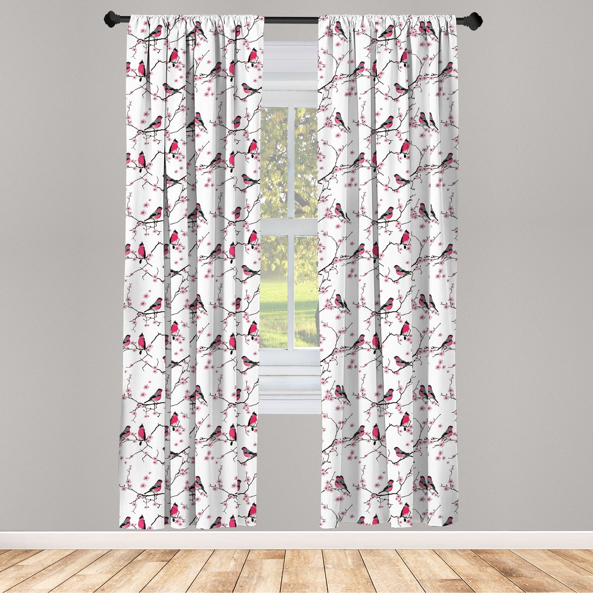ABAKUHAUS – Aziatische raamgordijnen 2-delig – Sakura Vogels – 75x245 cm – Zwart/Grijs/Roze