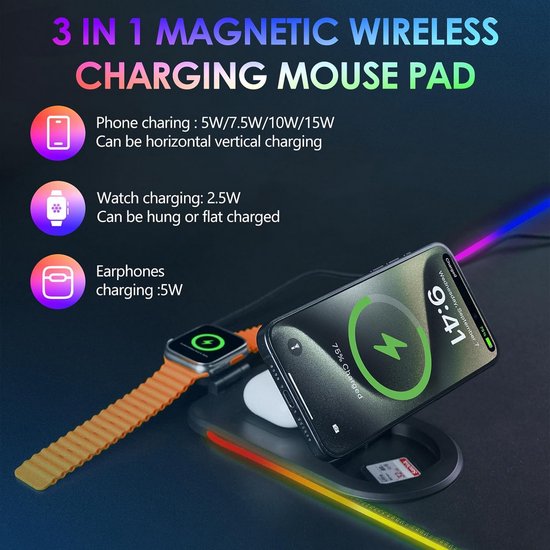 Grote RGB Gaming Muismat met 15 Lichteffecten en 15W Draadloos Opladen — afbeelding 5