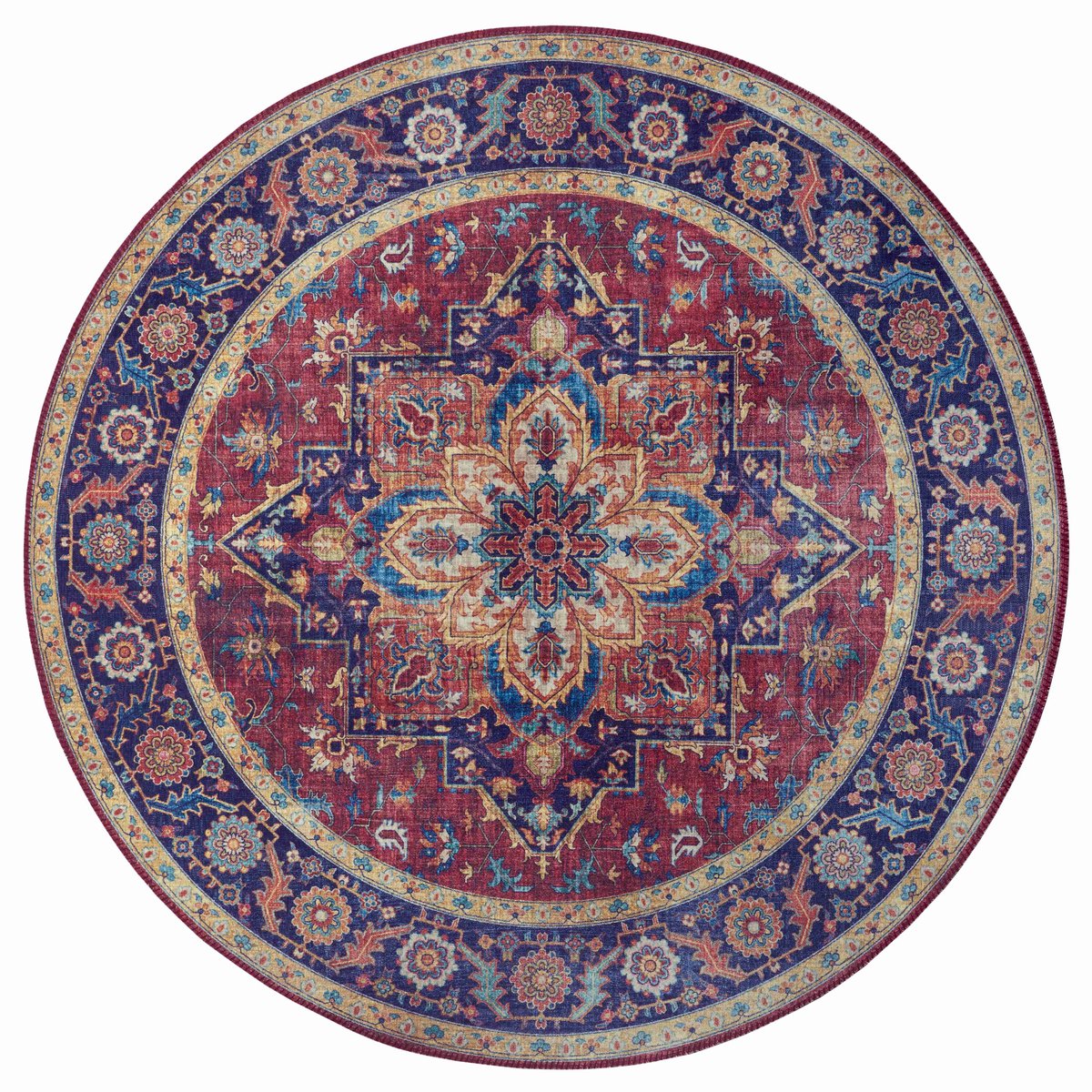 Flycarpets Anthea Rond Vintage vloerkleed - Rood / Blauw - Laagpolig Tapijt - ∅ 160 cm