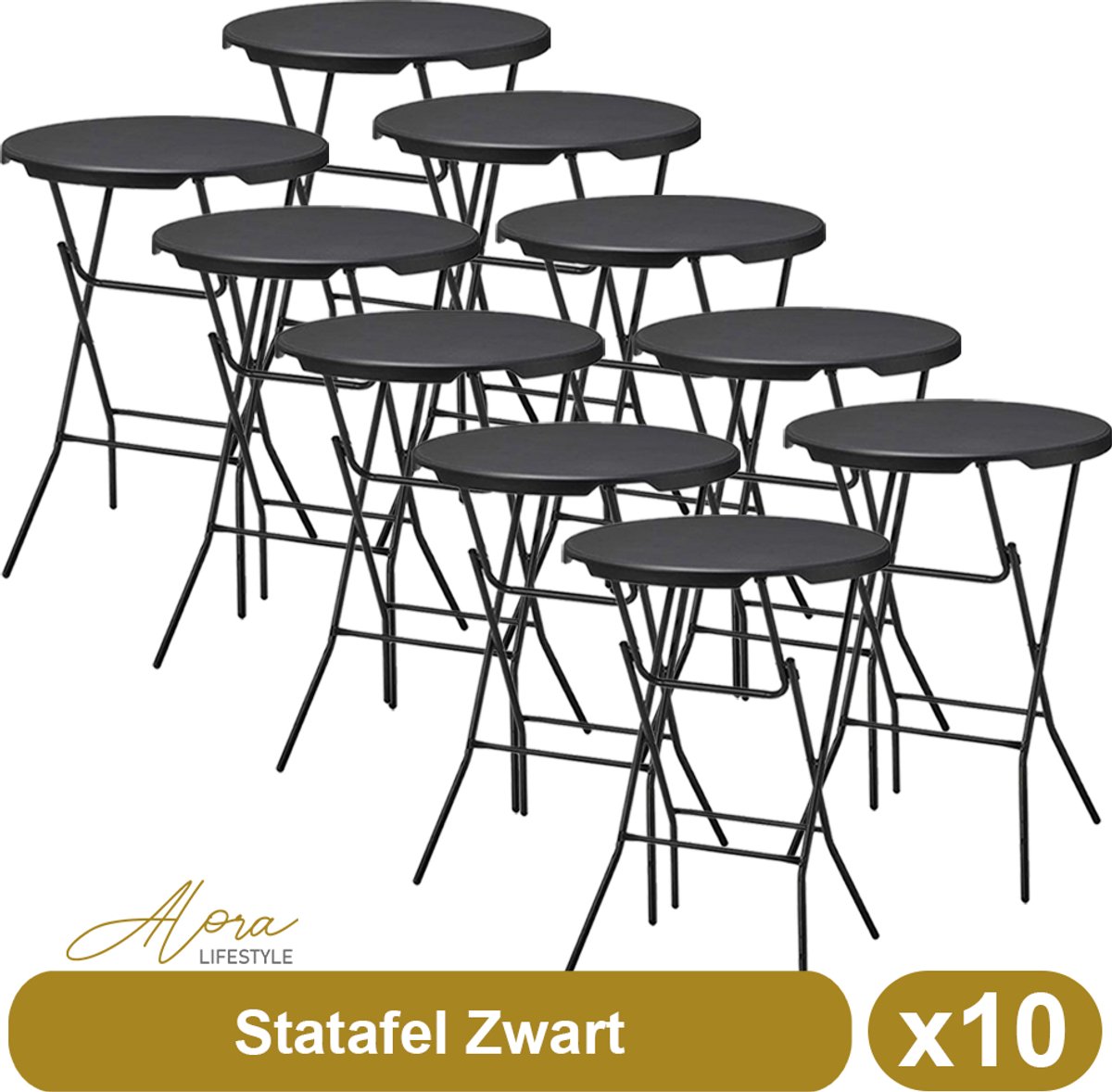 Alora Statafel Zwart - Set van 10 - Zwart - ø80x110 cm - statafels - cocktailtafel - hoge staan tafel - staantafels - staantafel - partytafel