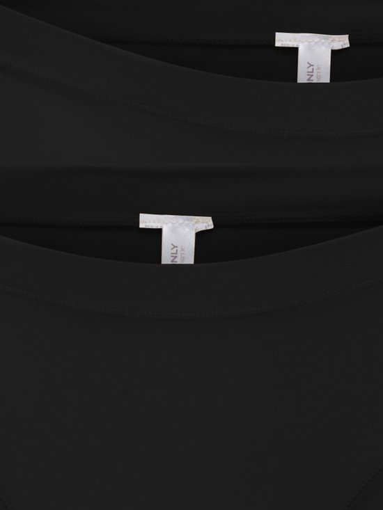 Sluiting van twee zwarte tailleslips met wit label.