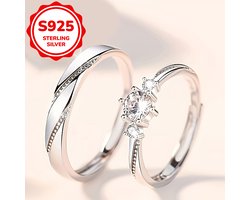Sjika - S925 Sterling Silver Unisex Koppelring Set – Trouwringen / Verlovingsringen / Vriendschapsringen - One Size – 2-Delige Ringenset met Zirkonia - Cadeau