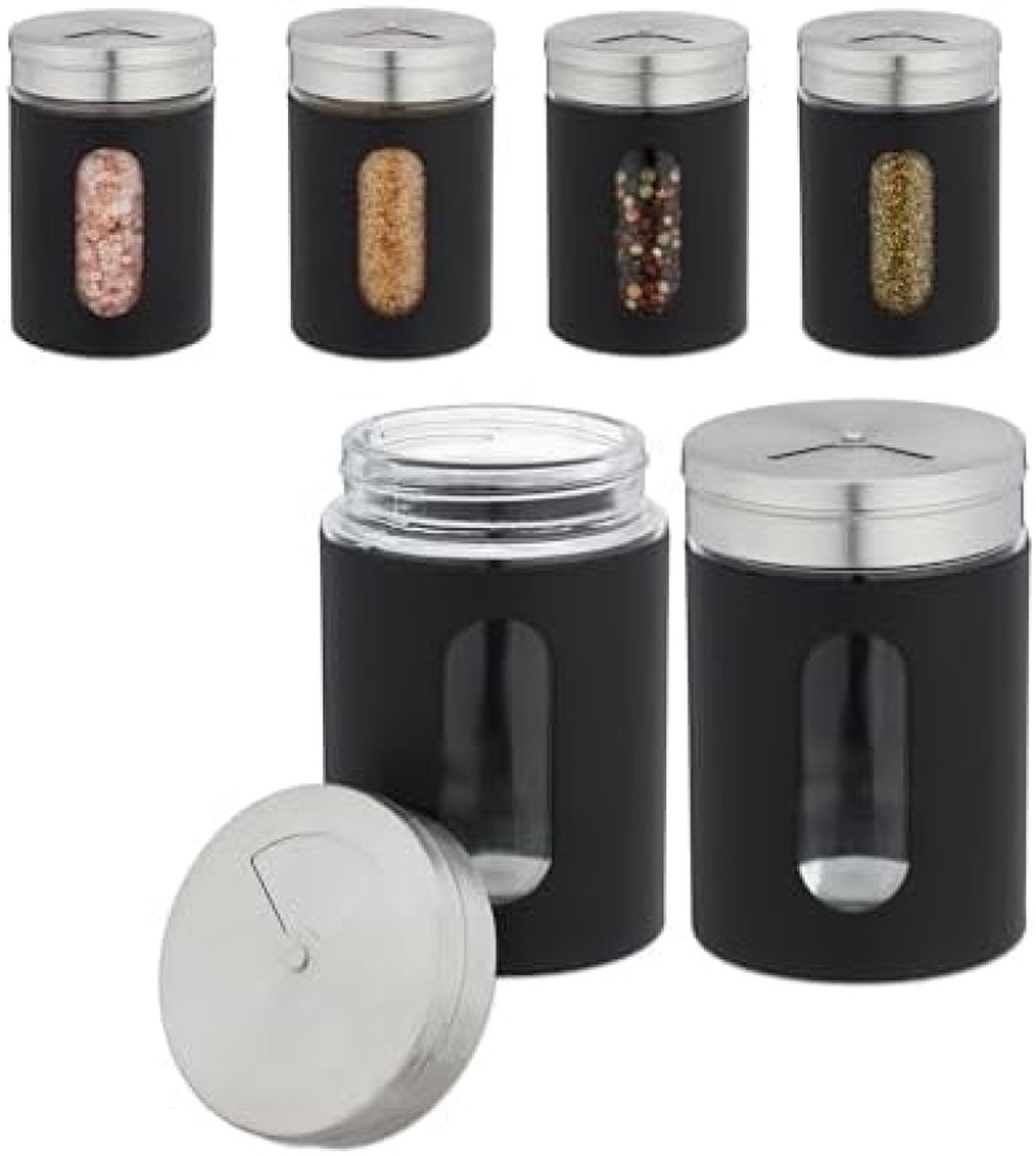 Set van 6 glazen kruidenstrooiers met metalen deksels