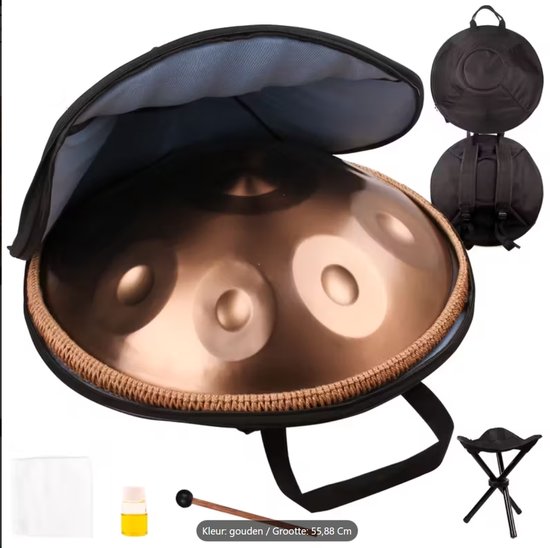 Handpan Professionnelle 22 Pouces (55,88 cm) – Handpan Dorée avec Sac de Transport, Support, Maillet, Huile d'Entretien et Chiffon – Méditation, Yoga, Thérapie Sonore et Musique