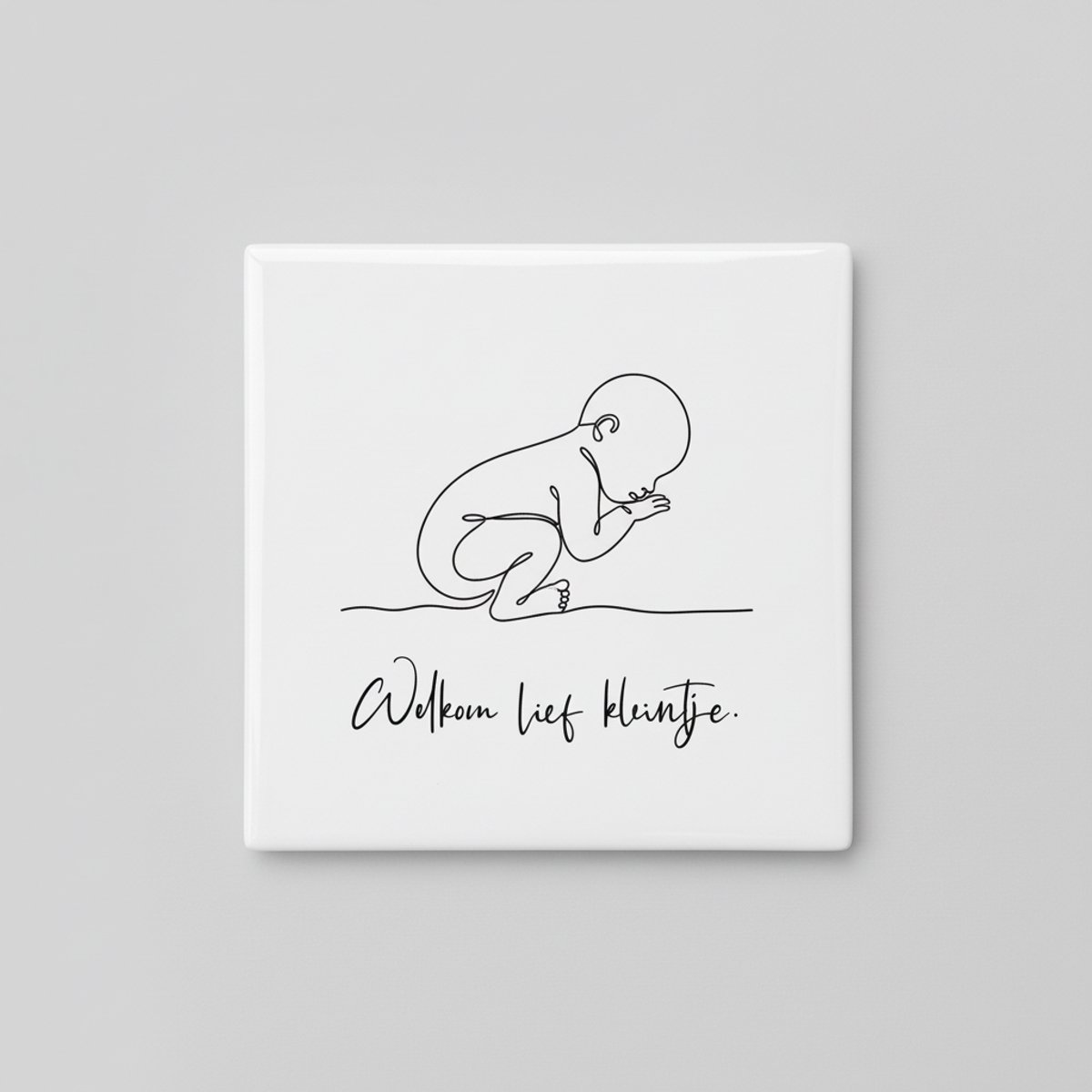 Welkom Lief Kleintje Decoratieve Tegel – Minimalistische Baby Lijntekening Wanddecoratie – Keramische Tegel 15 × 15 cm