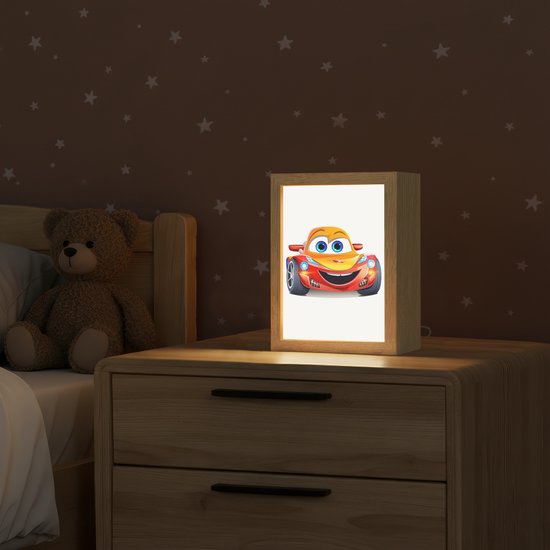 Nachtlampje 15x20 cm - Kinder lamp - Raceauto - Oranje - Jongens - Kinderen - Auto - Tafellamp kinderkamer - Slaapkamer lamp - Bedlamp kinderen - Kinderlampje stopcontact - Wandlamp babykamer - Nachtlampjes van Merkloos — afbeelding 2
