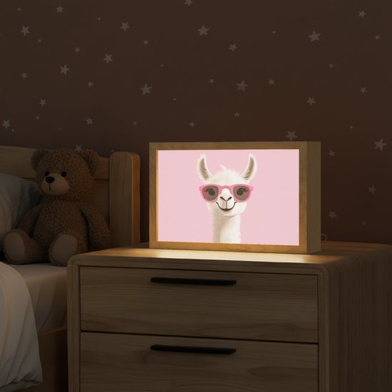 Nachtlampje 30x20 cm - Kinder lampje - Lama - Zonnebril - Roze - Tafellamp kinderkamer - Slaapkamer lamp - Bedlamp kinderen - Kinderlampje stopcontact - Wandlamp babykamer - Nachtlampjes van OnlyWow — afbeelding 2