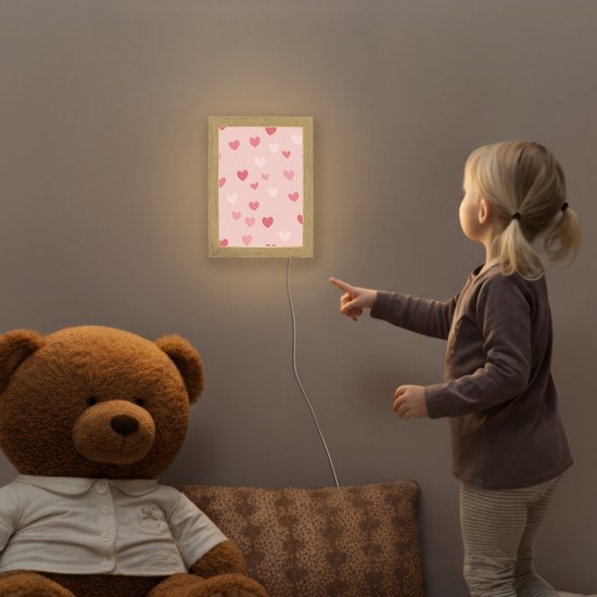 Nachtlampje 15x20 cm - Kinder lamp - Hartjes - Patroon - Roze - Tafellamp kinderkamer - Slaapkamer lamp - Bedlamp kinderen - Kinderlampje stopcontact - Wandlamp babykamer - Nachtlampjes van Merkloos — afbeelding 5