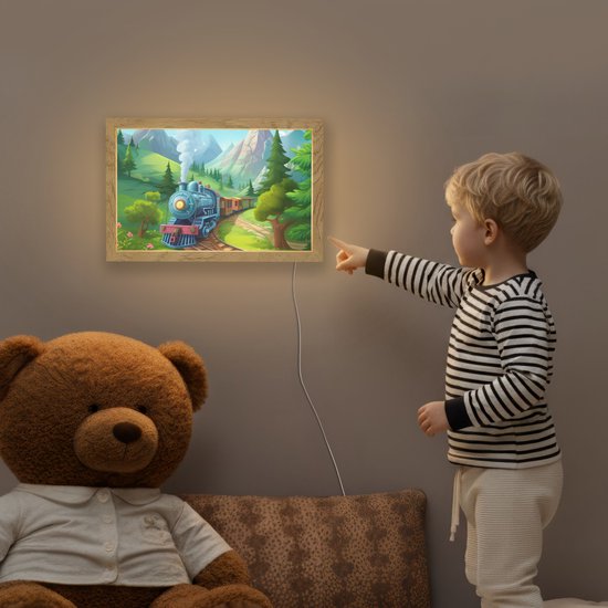 Nachtlampje 30x20 cm - Kinder lampje - Trein - Bloemen - Kinderen - Natuur - Tafellamp kinderkamer - Slaapkamer lamp - Bedlamp kinderen - Kinderlampje stopcontact - Wandlamp babykamer - Nachtlampjes van OnlyWow — afbeelding 5