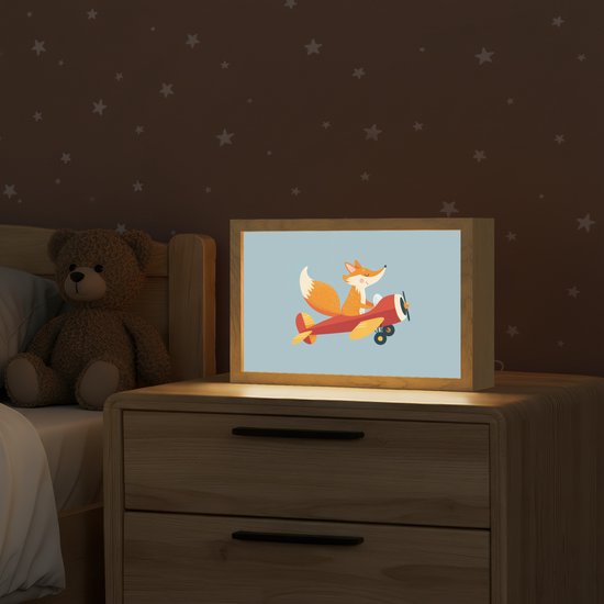 Nachtlampje 30x20 cm - Kinder lampje - Vos - Vliegtuig - Blauw - Tafellamp kinderkamer - Slaapkamer lamp - Bedlamp kinderen - Kinderlampje stopcontact - Wandlamp babykamer - Nachtlampjes van Merkloos — afbeelding 2