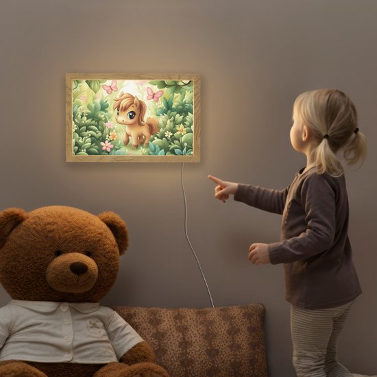 Nachtlampje 30x20 cm - Kinder lamp - Pony - Bruin - Cartoon - Vlinders - Tafellamp kinderkamer - Slaapkamer lamp - Bedlamp kinderen - Kinderlampje stopcontact - Wandlamp babykamer - Nachtlampjes van Merkloos — afbeelding 5