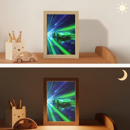 Nachtlampje 15x20 cm - Kinder lampje - Snelheid - Licht - Sportwagen - Groen - Tafellamp kinderkamer - Slaapkamer lamp - Bedlamp kinderen - Kinderlampje stopcontact - Wandlamp babykamer - Nachtlampjes van OnlyWow — afbeelding 4