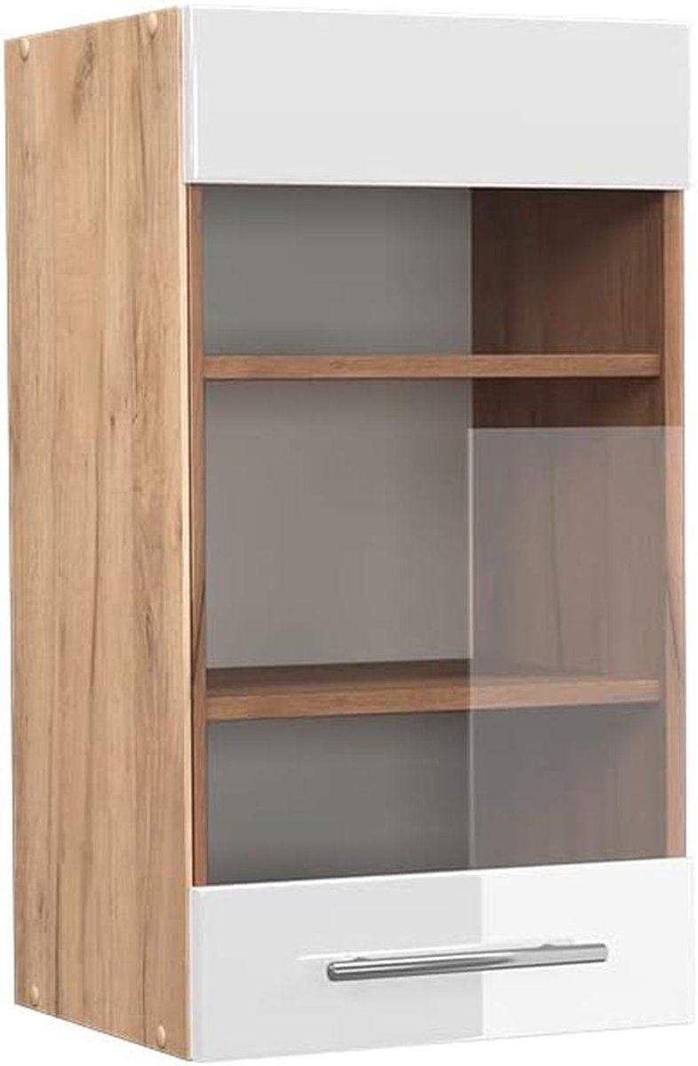 Hangende glazen keukenkast 40 cm - Wit hoogglans en goudkleurig eiken