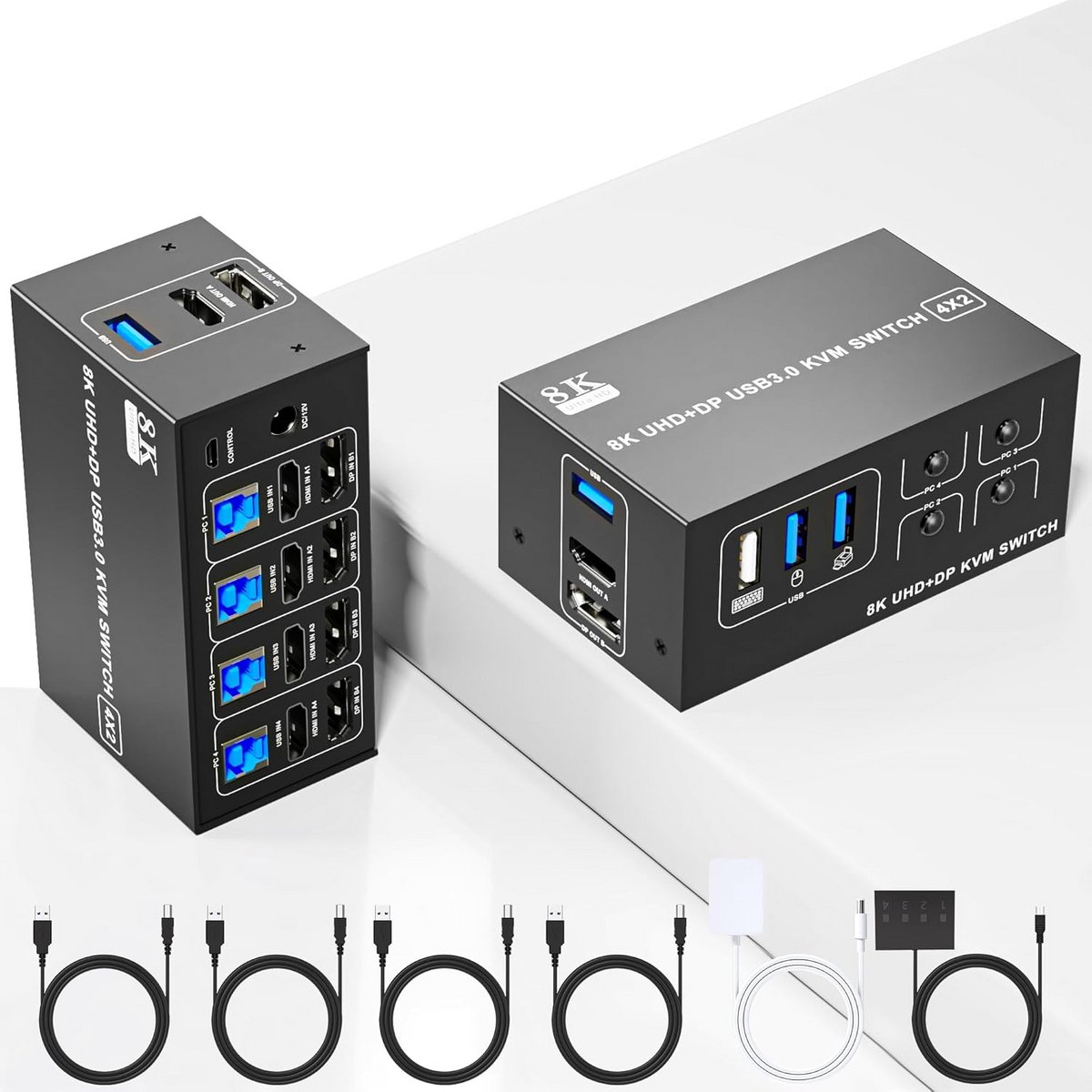 8K 60Hz KVM Switch 4 poorts voor Dual Monitor met USB 3.0 en HDMI 2.1 + DisplayPort 1.4