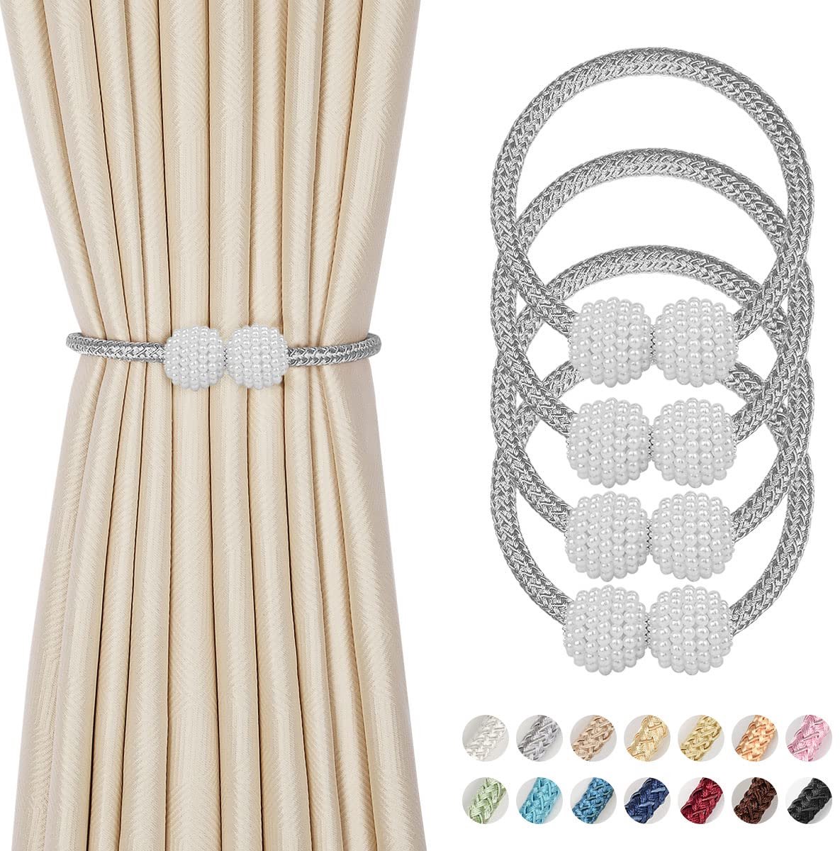 IMPERATORIS® Gordijnhouders - Gordijnclips - Decoratieve Touwen - Geen Boren Nodig - Modern Design - Set van 4 - grijs - 52 cm