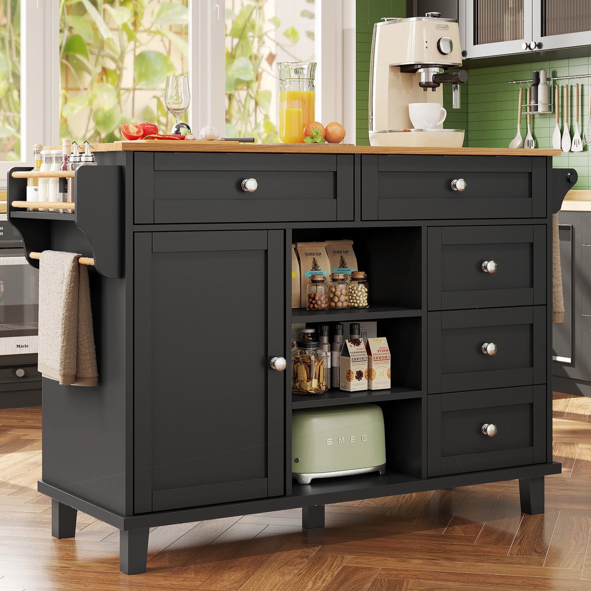 HAUSS SPOLE Serveerwagen - Multifunctionele Eetwagen Met 3+2 Lades En Verstelbare Planken - Mobiel En Vaste Modus Met 4 Wielen - MDF - 134x46x92 cm - Zwart