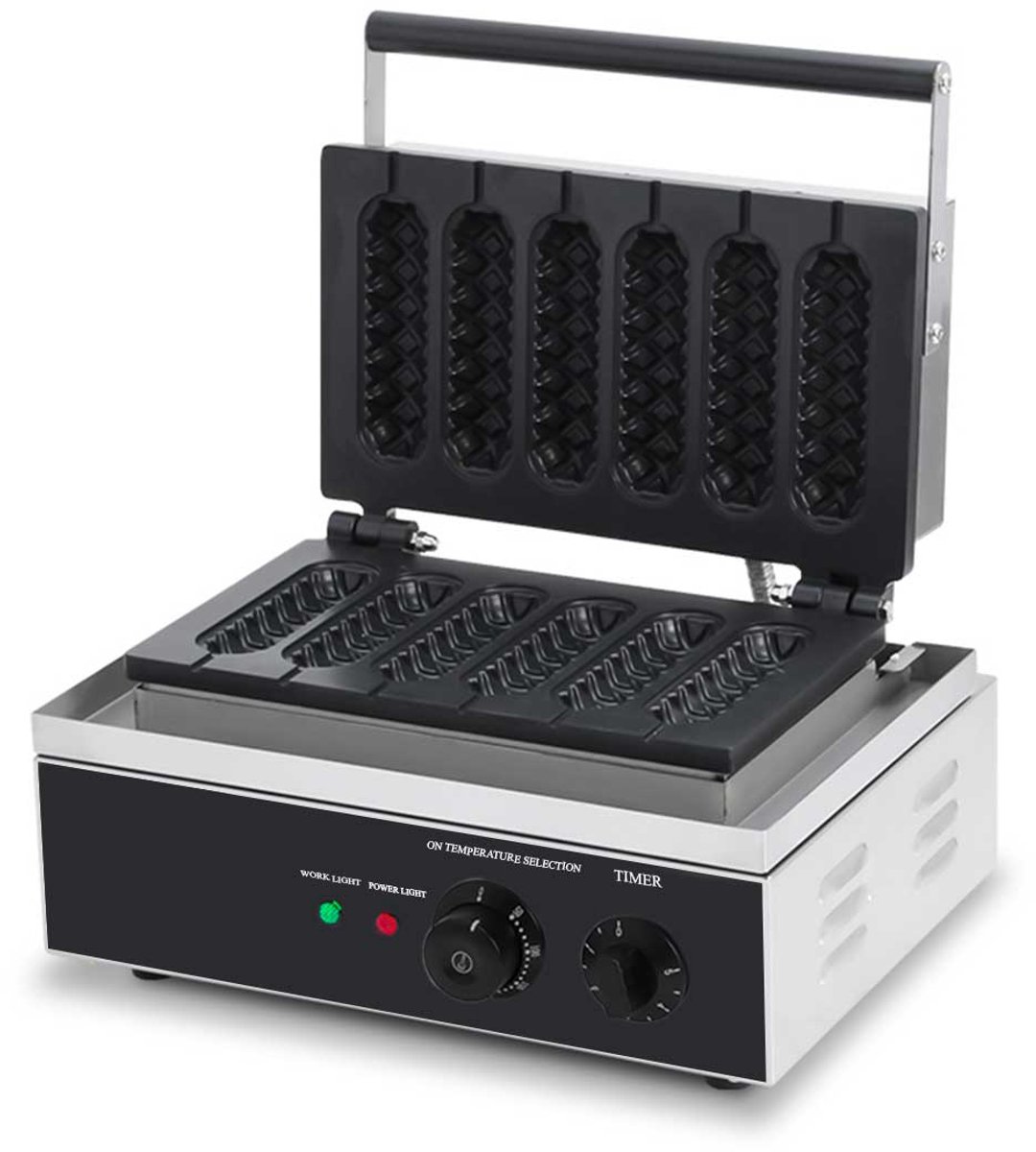 HCB® - Professioneel horeca Wafelijzer voor 6 wafels - Corndog - 230V - Wafelmaker van RVS / INOX - 27.5x38.5x24 cm (DxBxH) - 8 kg - 8024