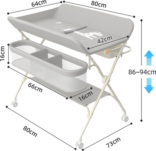 Grijze commode met afmetingen: 80cm lang, 64cm breed, 42cm diepte. Opbergmand 66cm lang, 16cm hoog.