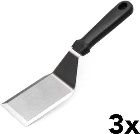 Trois spatules en acier inoxydable avec manche noir sur fond blanc, texte '3x'.