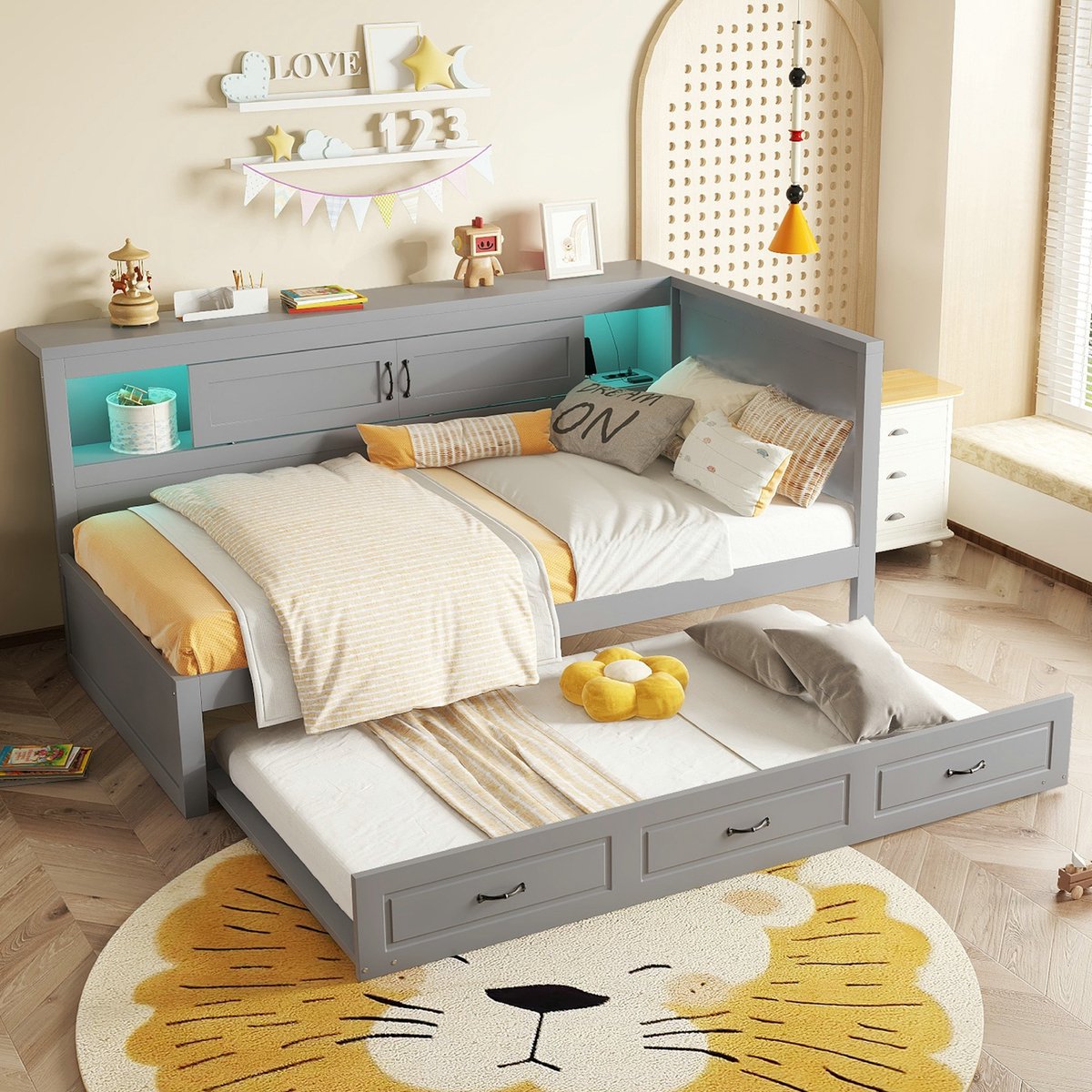 Strovea Slaapbank, dagbed, 90*200 cm, met ledverlichting, opbergvak aan het bed, uitschuifbaar bed, stopcontact + USB, zonder matras, grijs