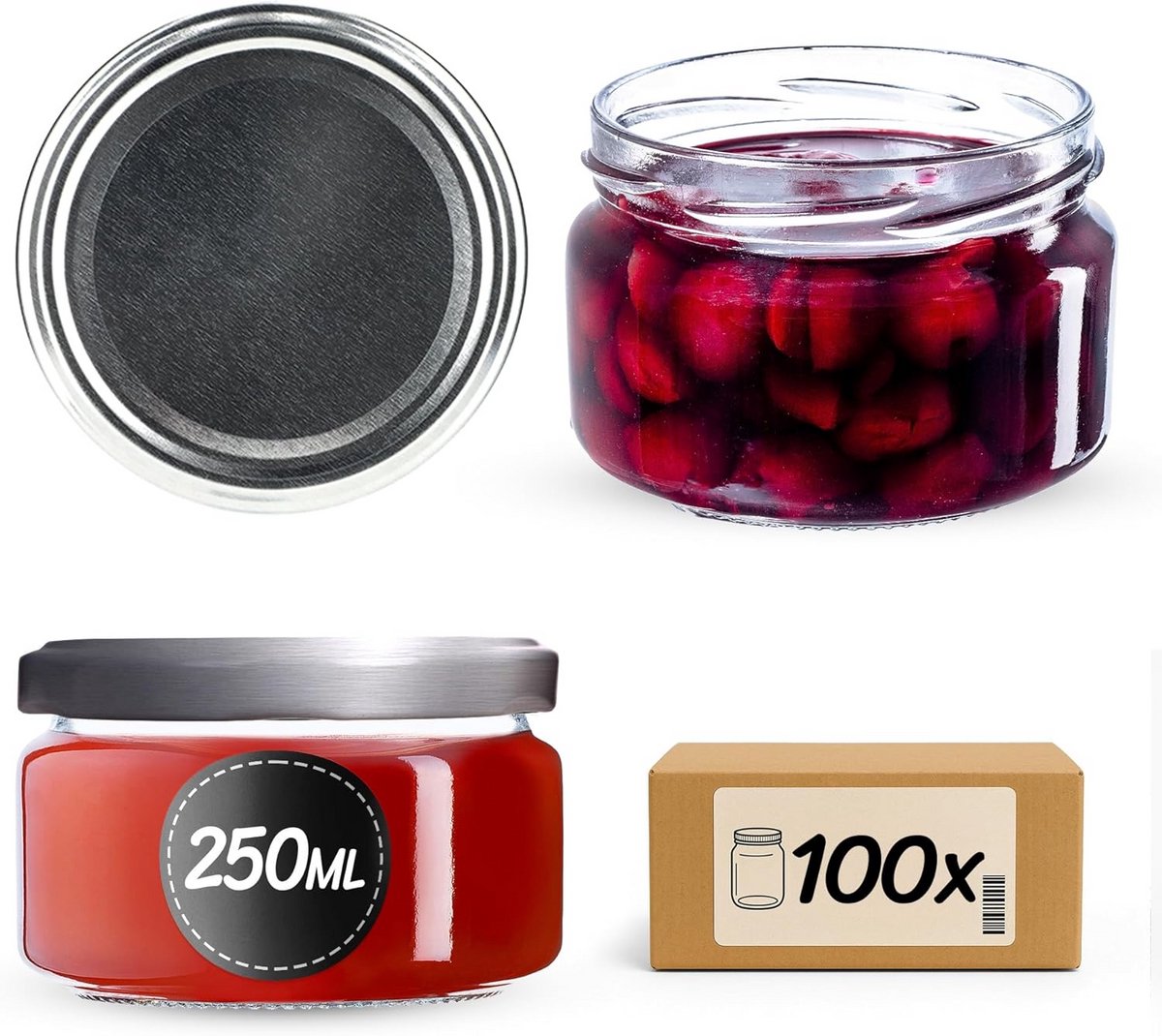 Set van 100 Jampotten 250 ml met Zilverkleurige Schroefdeksels voor Bewaren