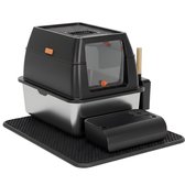 Livista RVS Kattenbak - Kattentoilet Roestvrijstaal - Incl. Kattenbakschep met Houder en Gritopvang Opstapje - 2 in 1 Open Kattenbak met Afneembare Deksel - 60x40x38cm - Zwart