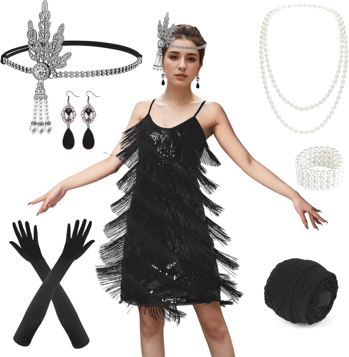 1920s Gatsby Dress Voor Dames - Vintage Flapper Cocktail Party Jurk met Sequins en Fringe - Accessoire Set voor Avondprom