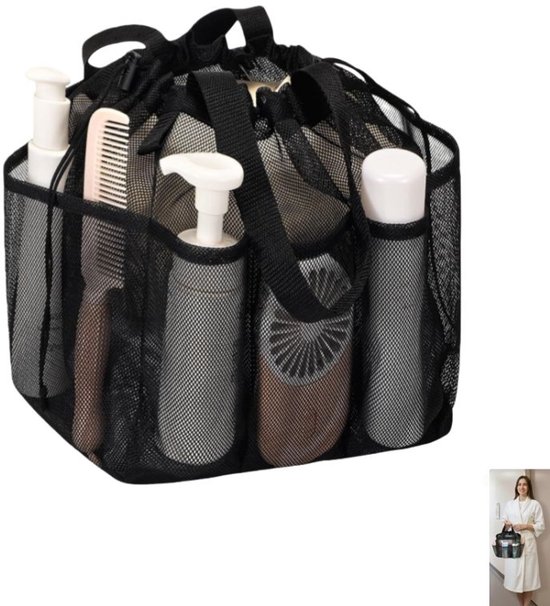 1 stuk - Mesh Douchetas - draagbare douchemand - Sneldrogende hangende toilettas - met 7 opbergvakken en 2 handvat - voor studentenkamers, sportschool, camping en reizen - zwart - 25×25×28cm
