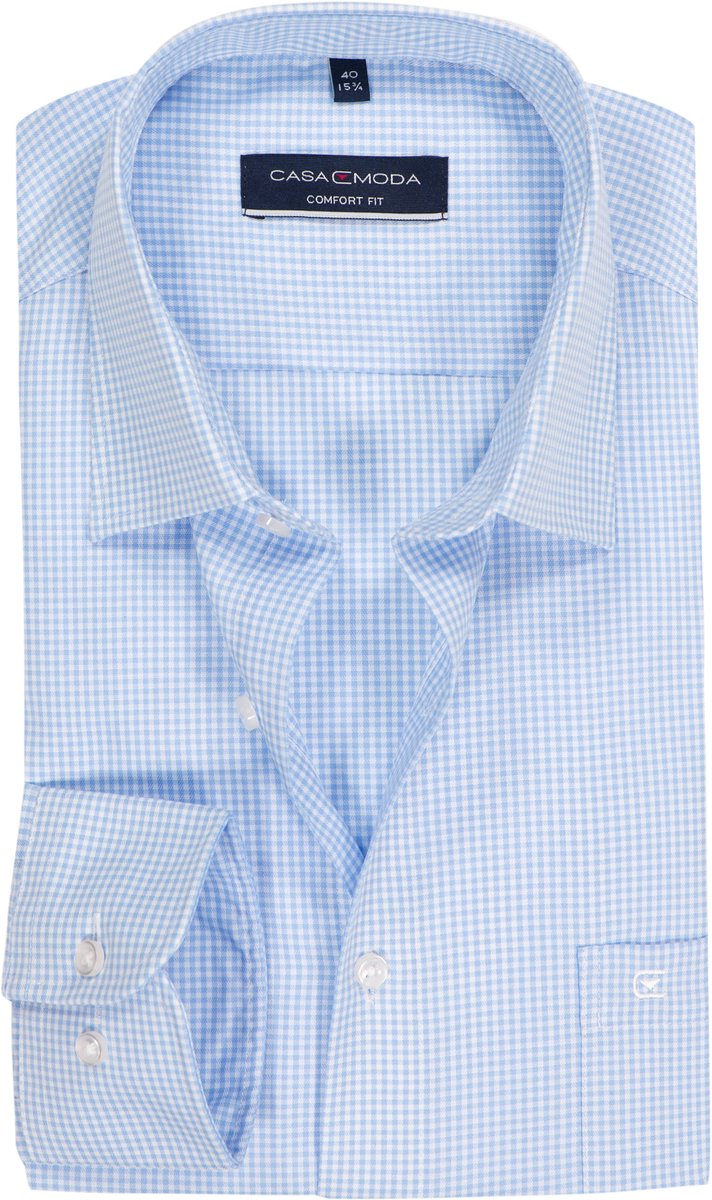 CASA MODA comfort fit overhemd - twill - lichtblauw met wit geruit - Strijkvriendelijk - Boordmaat: 40 (EU maat: M)