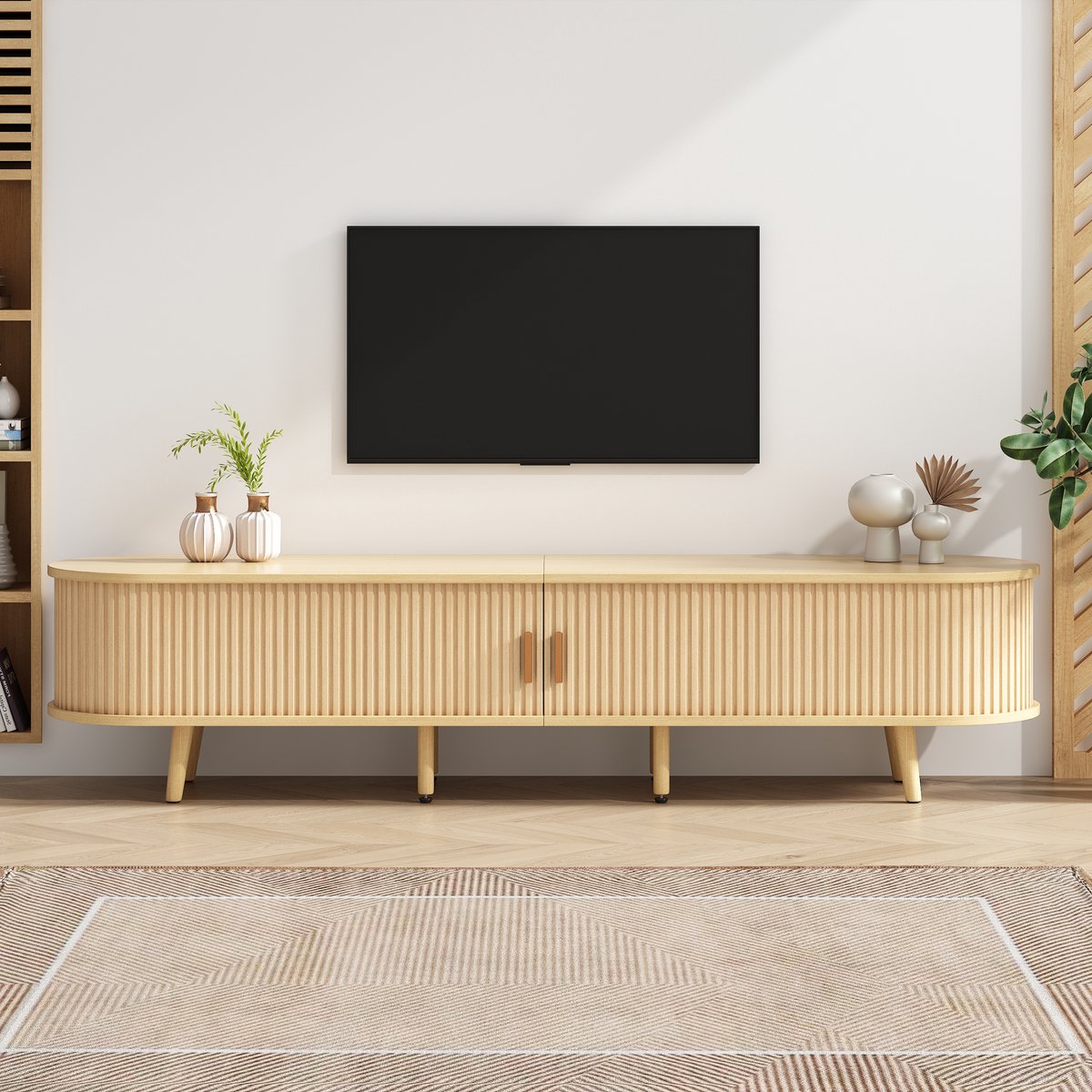 MODFU Tv-meubel – 175x40x42 cm – Lichte eikenlook met schuifdeuren & dubbele lade – Modern