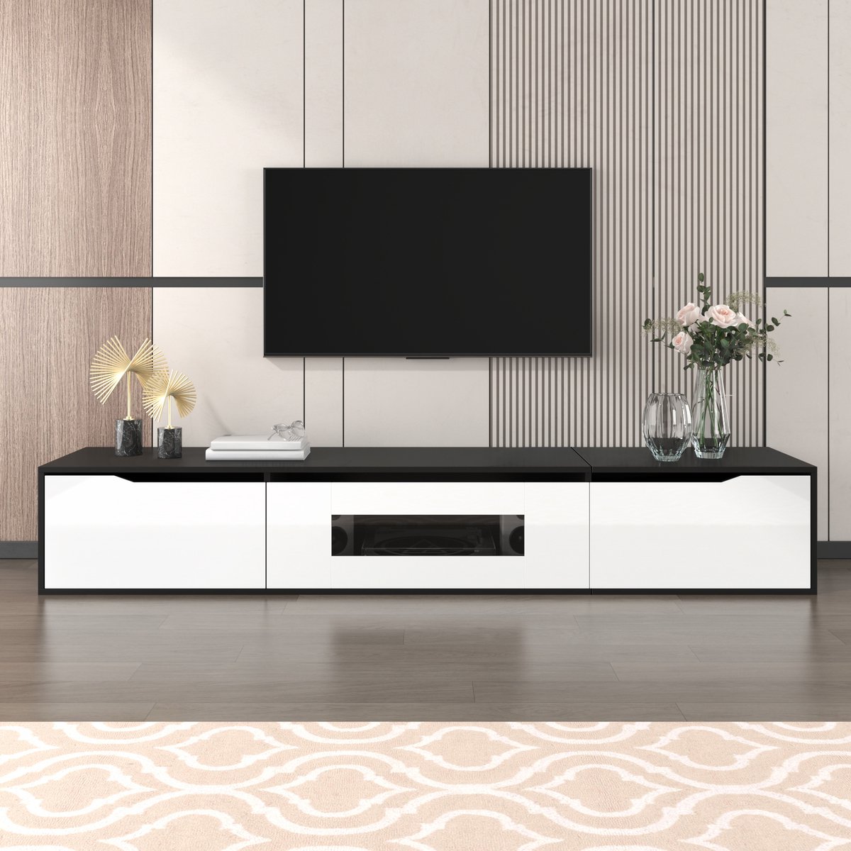 MODFU TV-meubel 180x35x30 cm van MDF en spaanplaat, hoogglans zwart-wit, met LED-verlichting en ruime opbergruimte