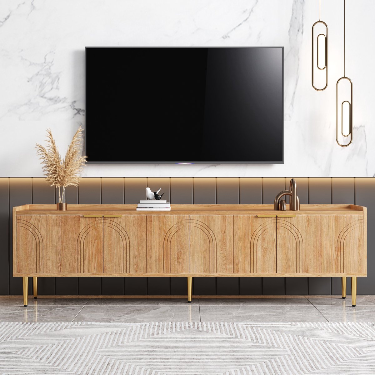 MODFU TV-meubel 170x35x47.5 cm van MDF, naturel met gouden grepen en metalen poten, modern ontwerp met opbergruimte Natuurlijk