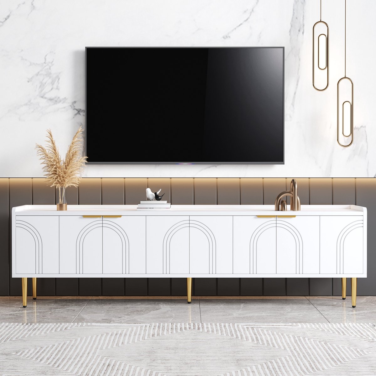 MODFU TV-meubel 170x35x47.5 cm van MDF, modern sculpturaal ontwerp met 3D-deuren, gouden accenten en opbergruimte Wit