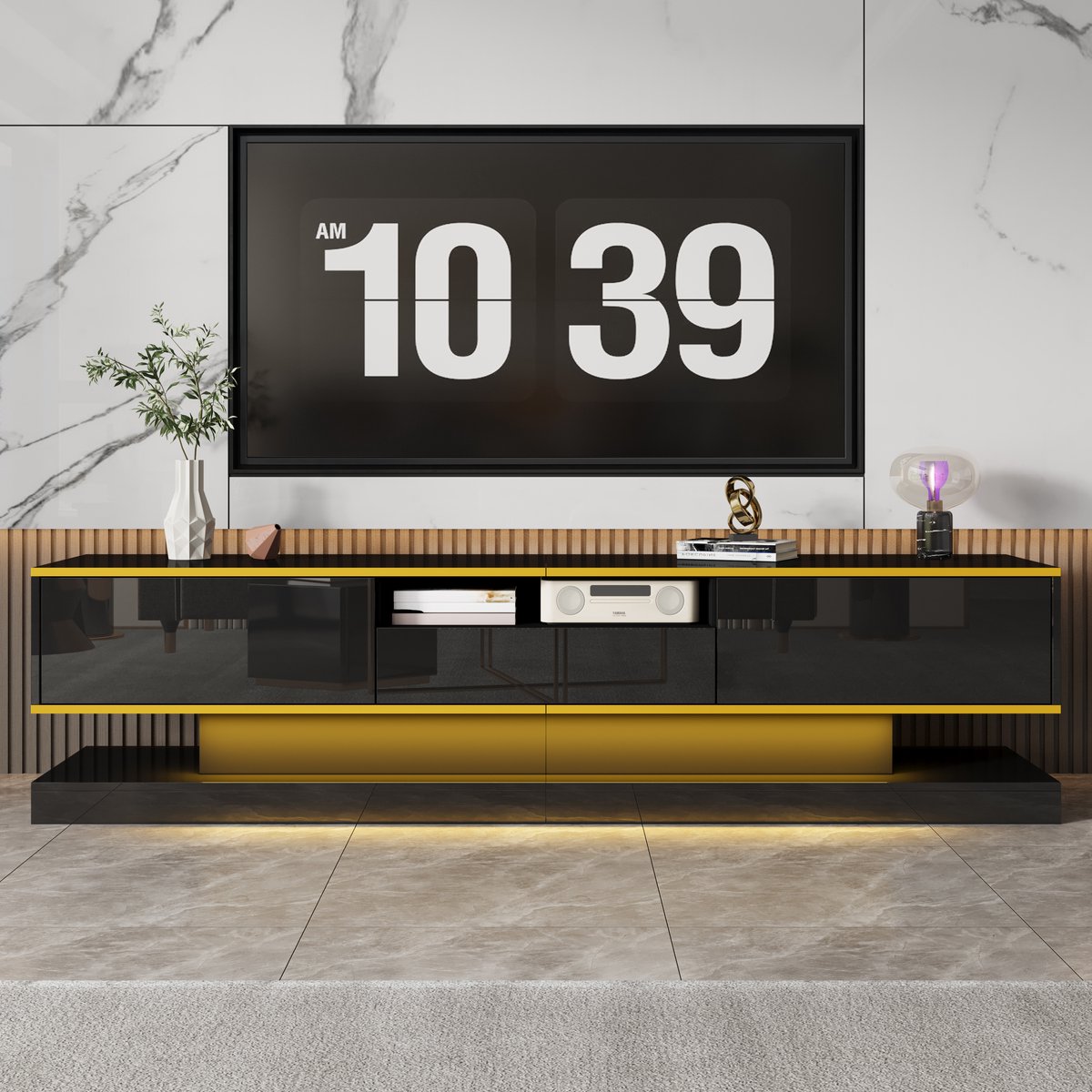 MODFU TV-meubel 180x38x45 cm van spaanplaat, zwart hoogglans met 3 laden en kleurveranderende LED-verlichting
