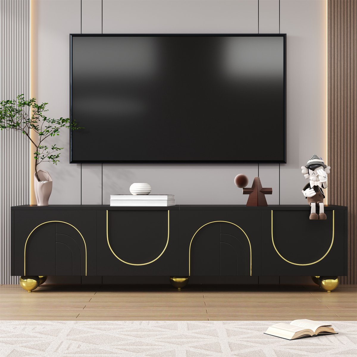 MODFU TV-meubel 170x38x44 cm van spaanplaat, zwart met gouden accenten, met deuren, push-to-open en opbergruimte