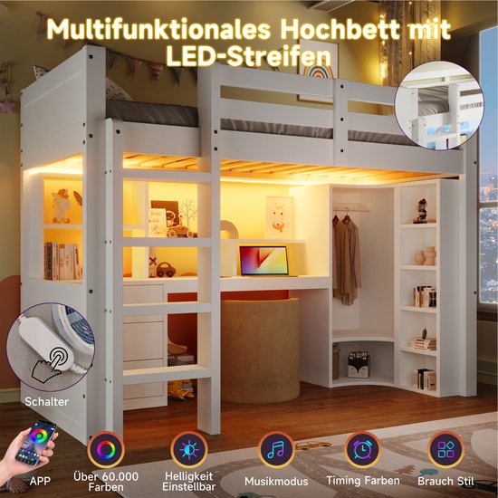 HAUSS SPOLE Lit mezzanine 90x200cm - Lit mezzanine enfant avec LED - Avec armoire intégrée et bureau - Avec 3 tiroirs et étagères de rangement - Bois de pin - Blanc - Sans matelas