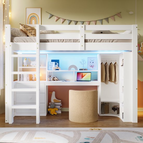 HAUSS SPOLE Lit mezzanine 90x200cm - Lit mezzanine enfant avec LED - Avec armoire intégrée et bureau - Avec 3 tiroirs et étagères de rangement - Bois de pin - Blanc - Sans matelas