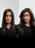 Voor en na: vrouw met lang, steil zwart haar krijgt volume en slag met Dyson Airwrap.